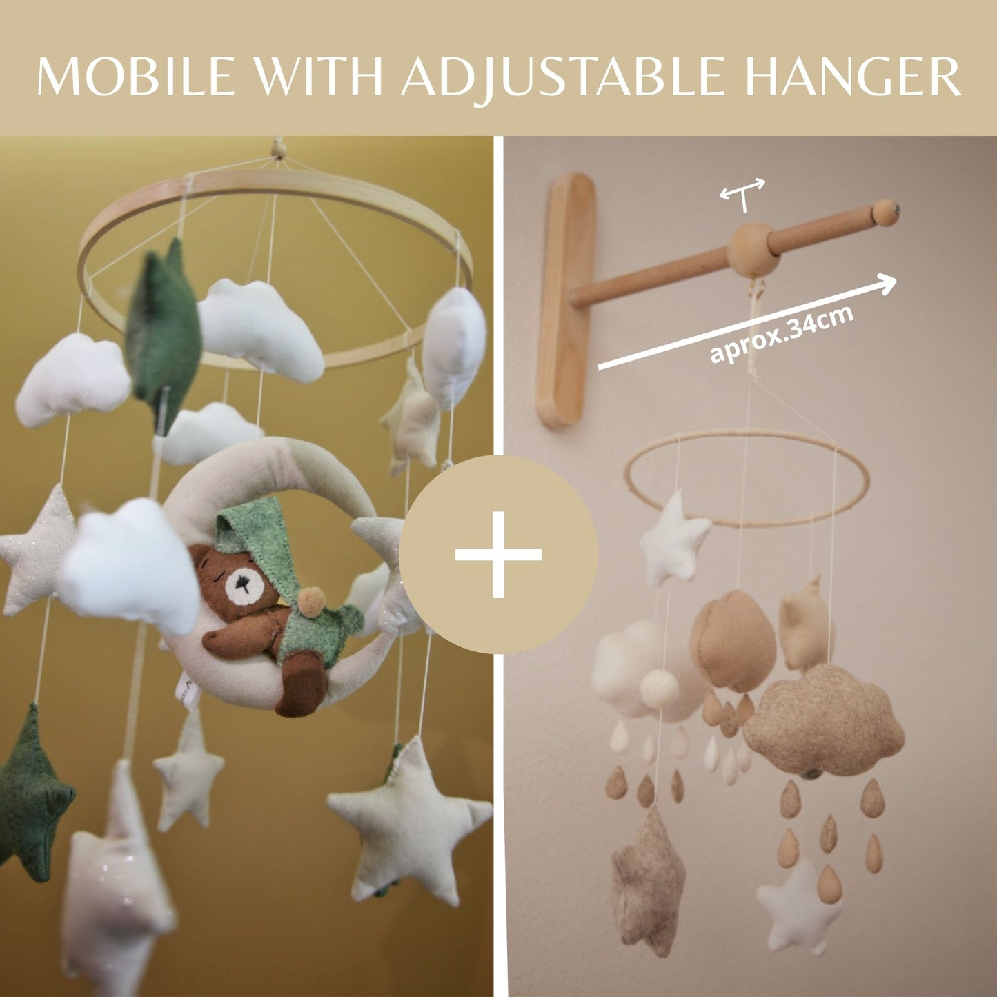 Felt Baby Mobile with Bear on Moon – Green Nursery Decor