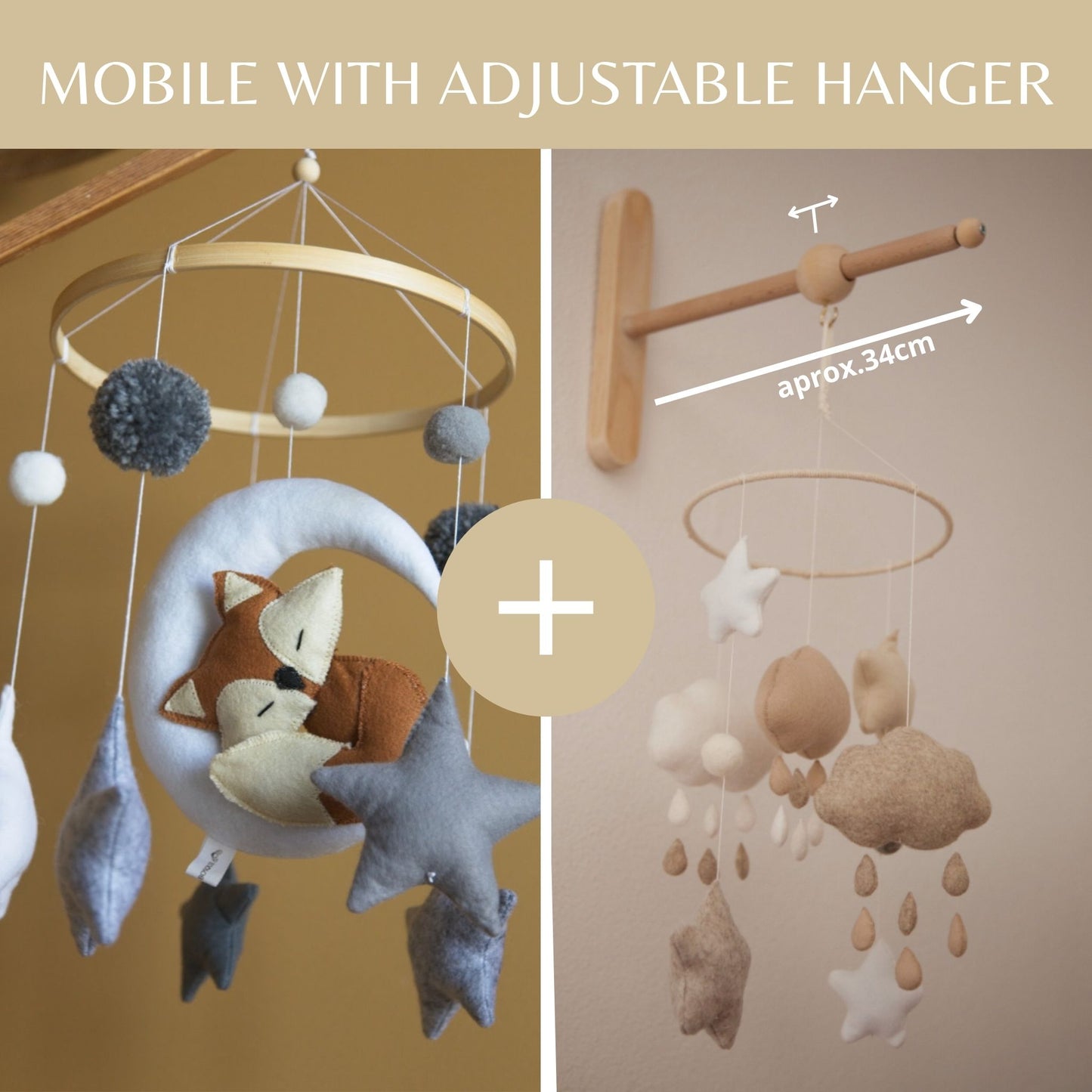 Fox Sleeping on Moon Baby Mobile – Stars, Grey and White Felt