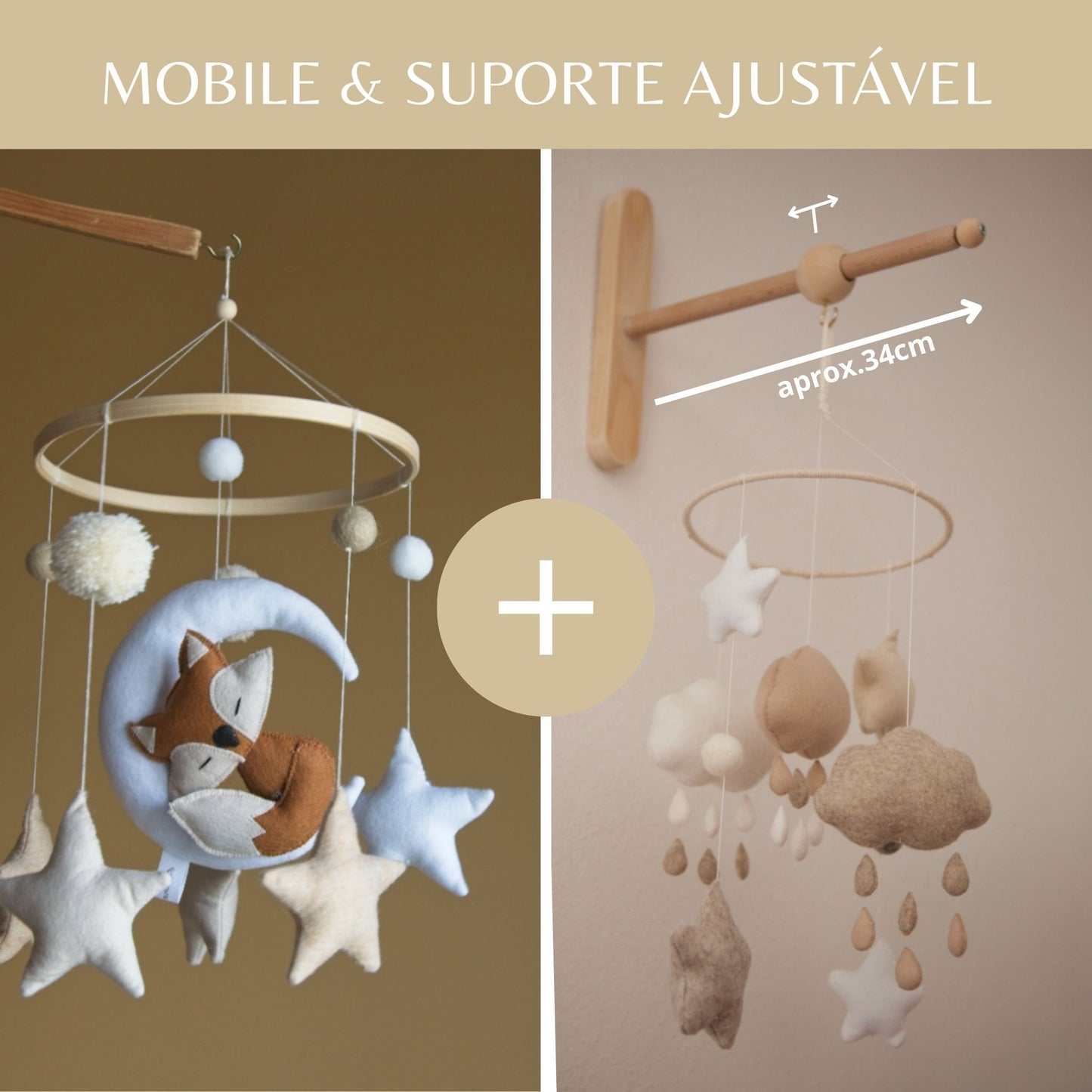 Raposa e a Lua, móbile de berço, tons neutros