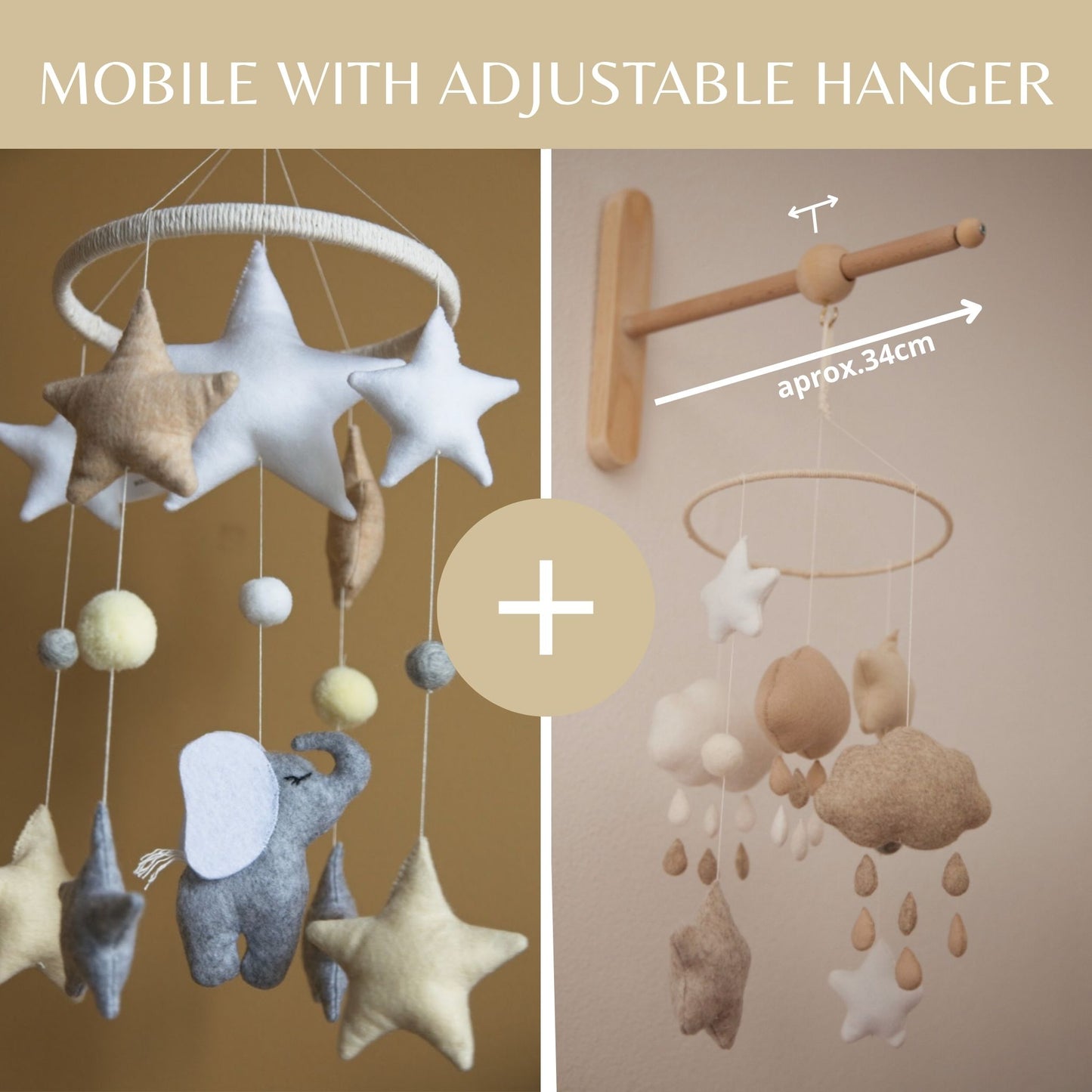 Baby Mobile with Elephant and Stars in Pastel Colors, Nursery Decor