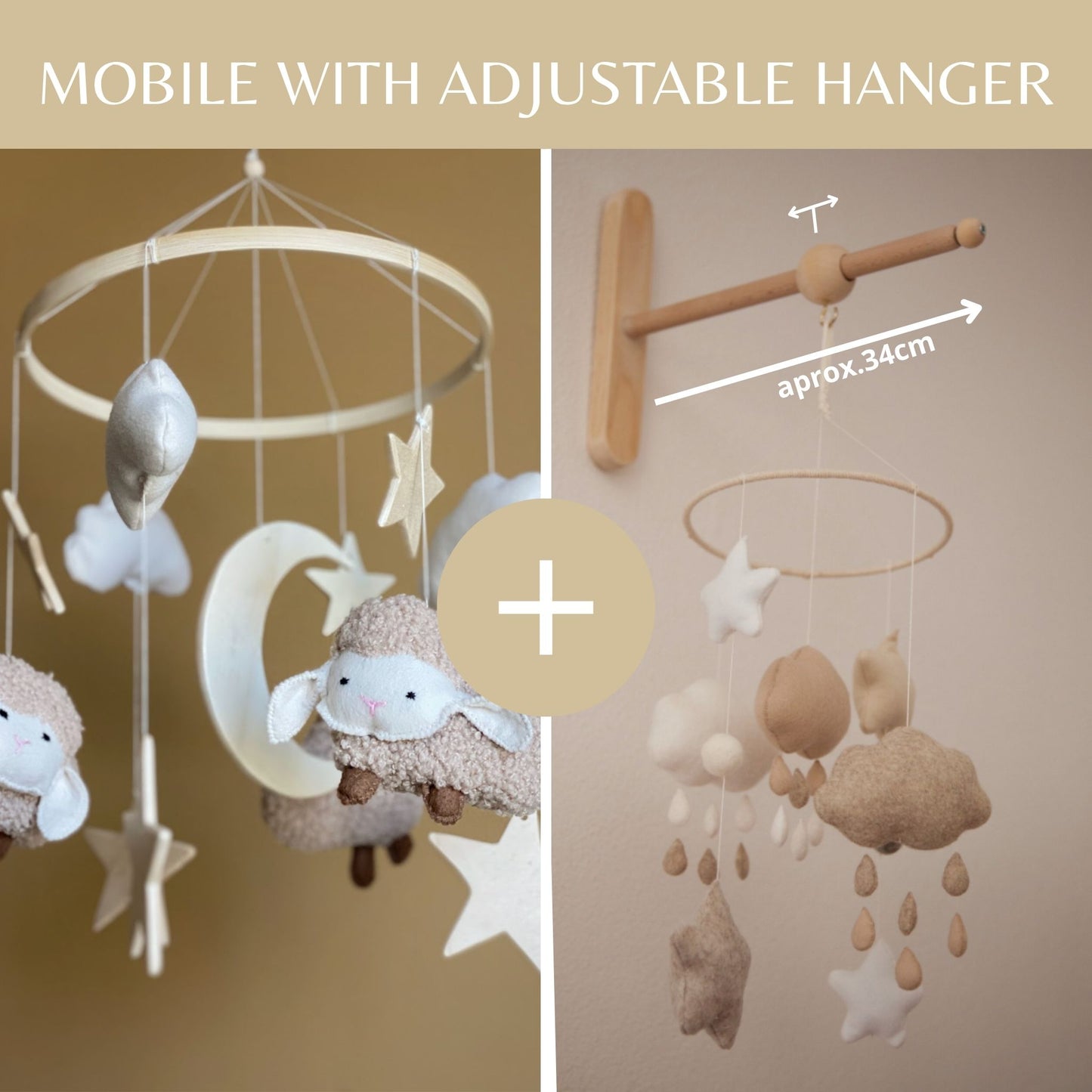 Sheep and Moon Baby Mobile with Stars and Clouds – Felt & Wood Nursery Decor