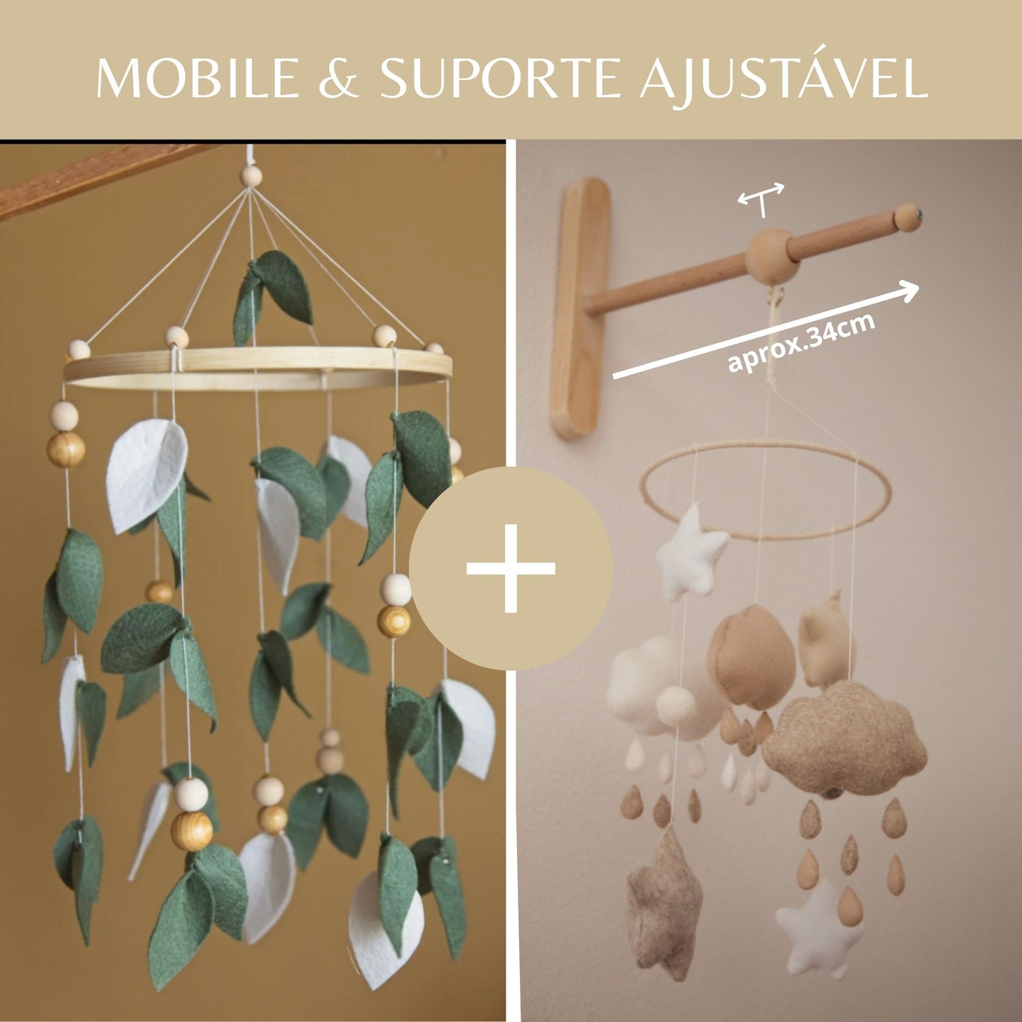 Folhas de feltro, móbile de berço, tons verde e bege
