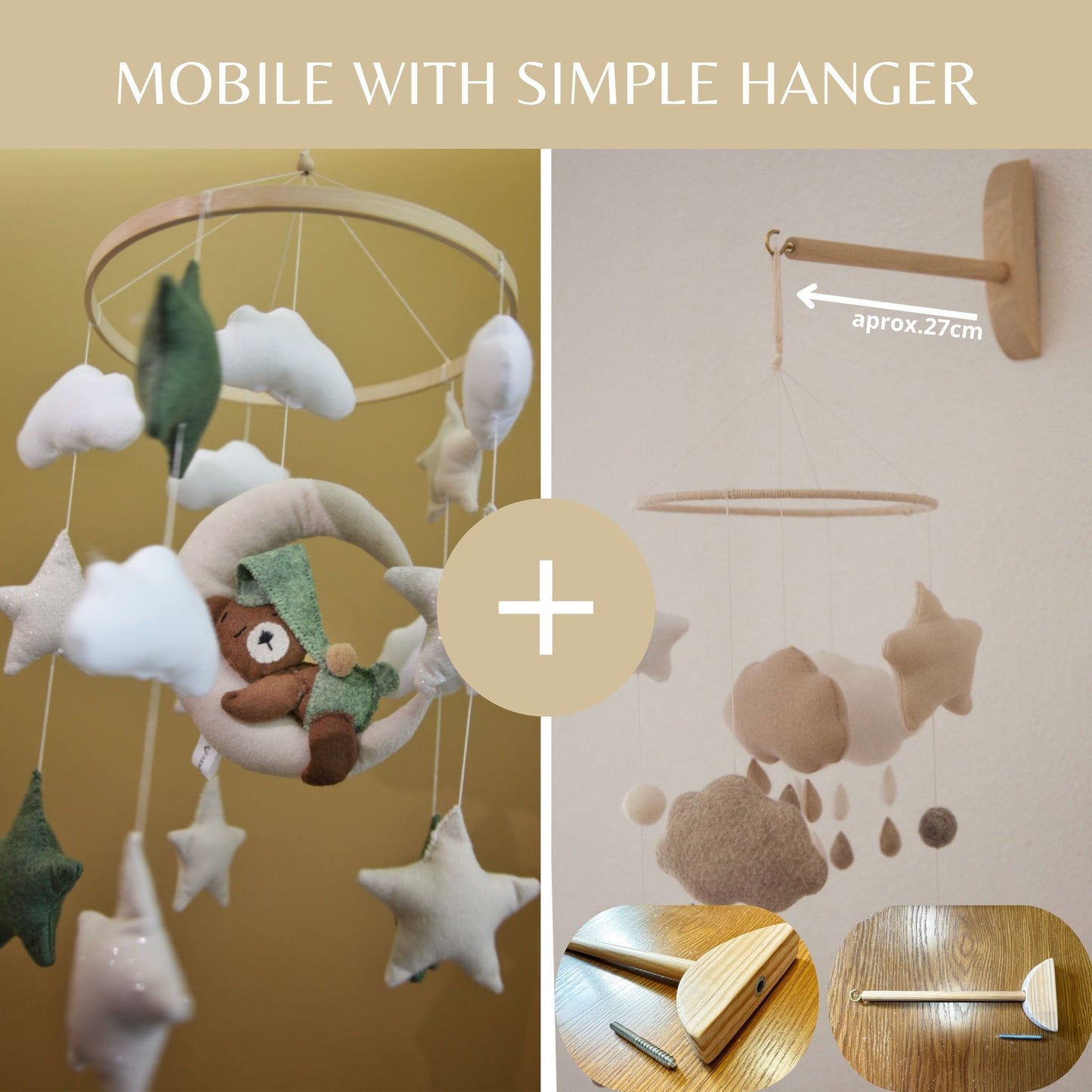Felt Baby Mobile with Bear on Moon – Green Nursery Decor