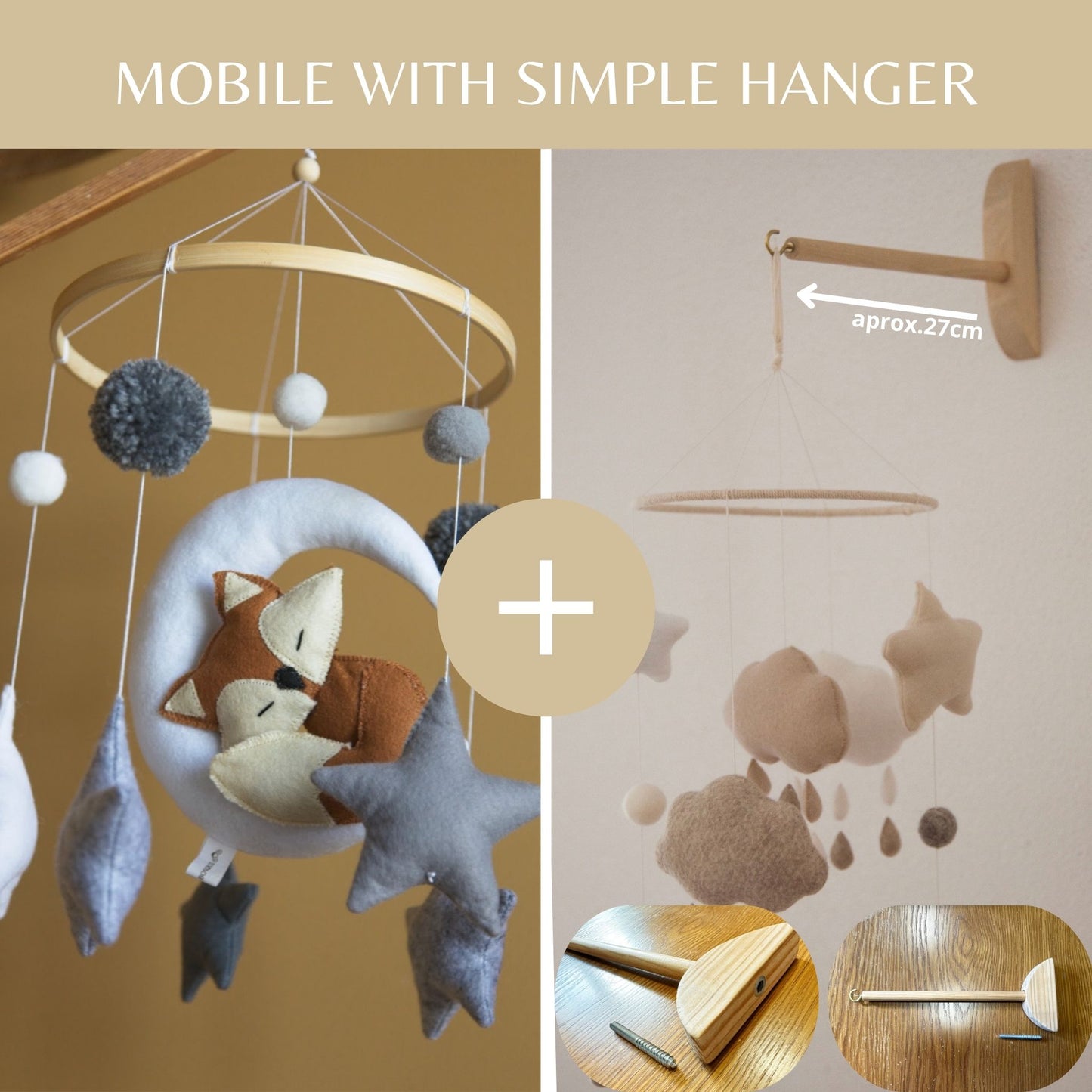 Fox Sleeping on Moon Baby Mobile – Stars, Grey and White Felt