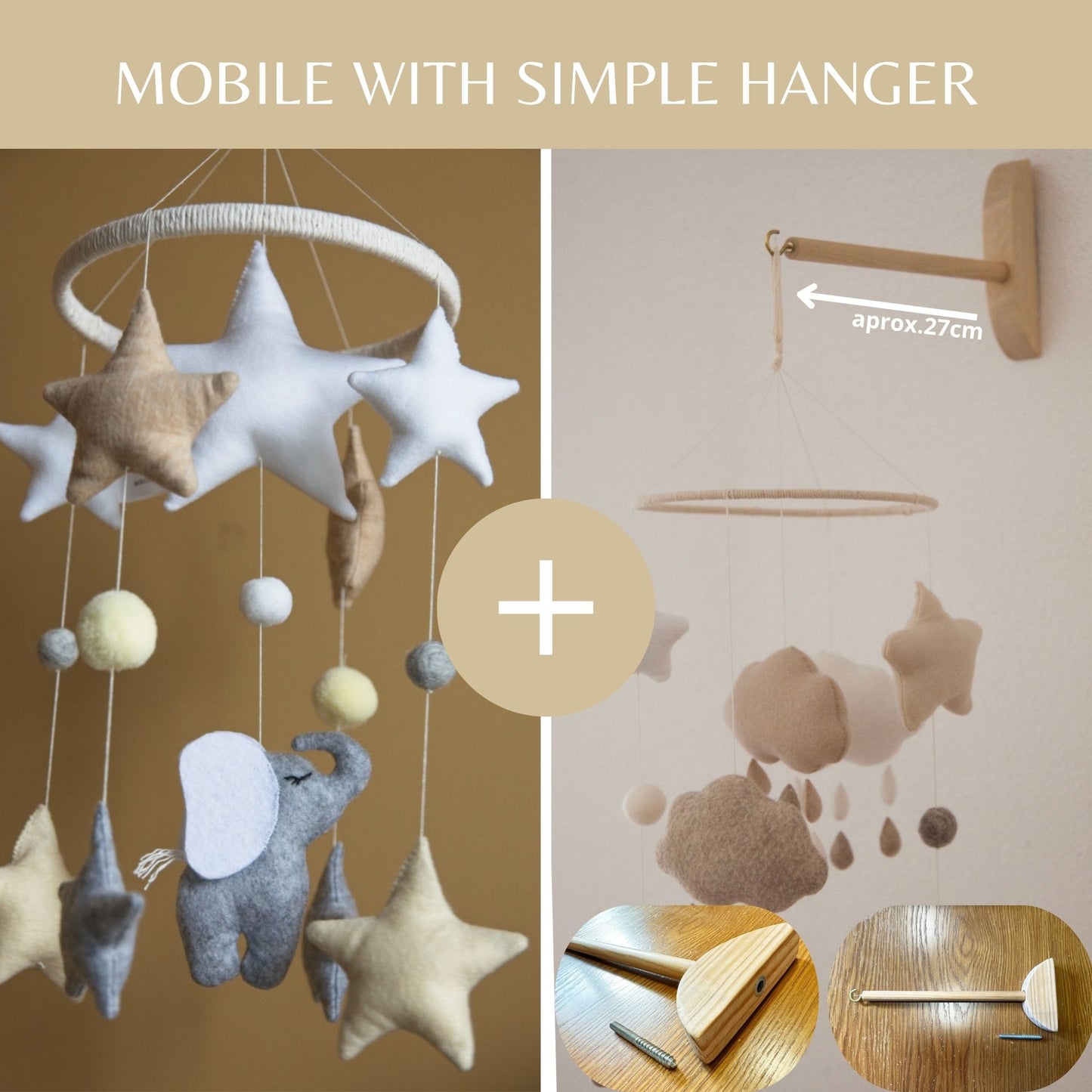 Baby Mobile with Elephant and Stars in Pastel Colors, Nursery Decor