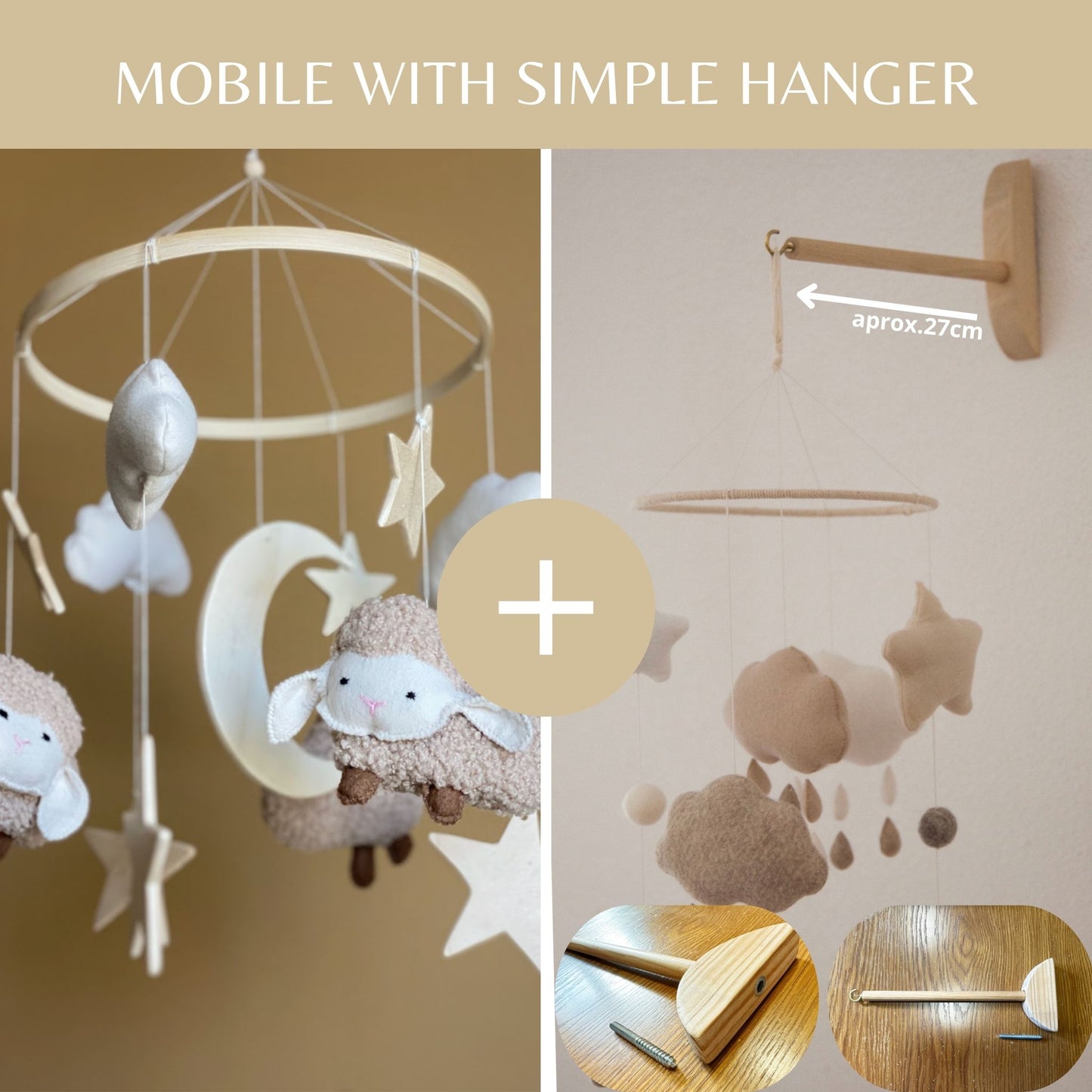 Sheep and Moon Baby Mobile with Stars and Clouds – Felt & Wood Nursery Decor