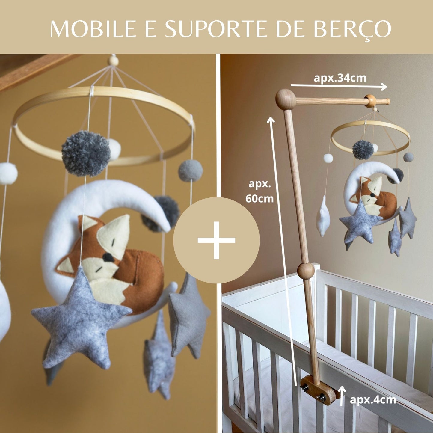 Raposa e a Lua, móbile de berço, tons cinzentos