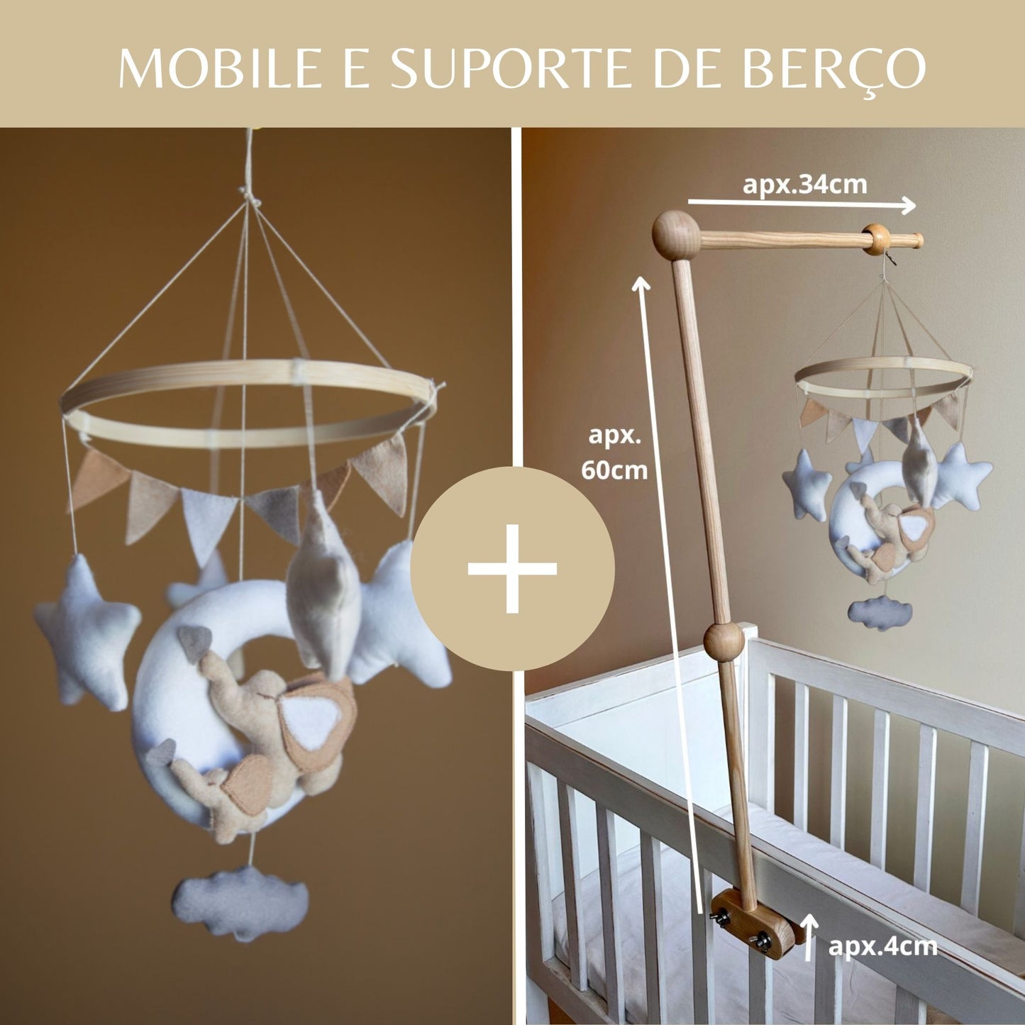 Elefantes, mobile de berço, tons neutros