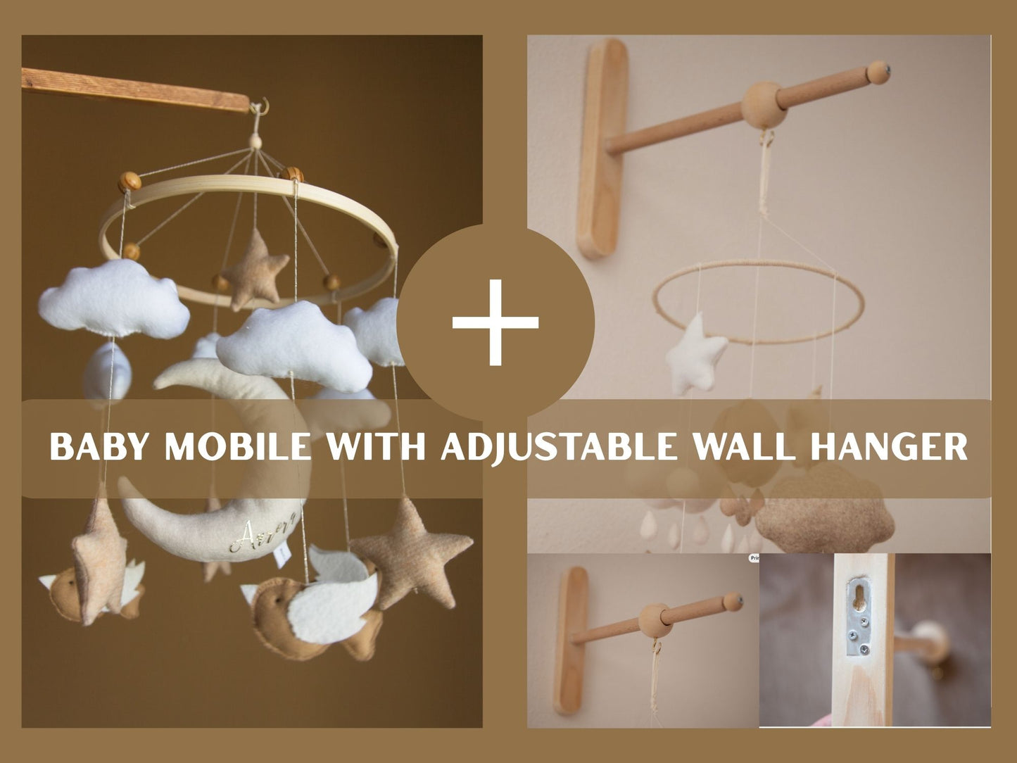 Baby mobile in felt with stars, birds and moon: customizable with name in vinyl, neutral tones