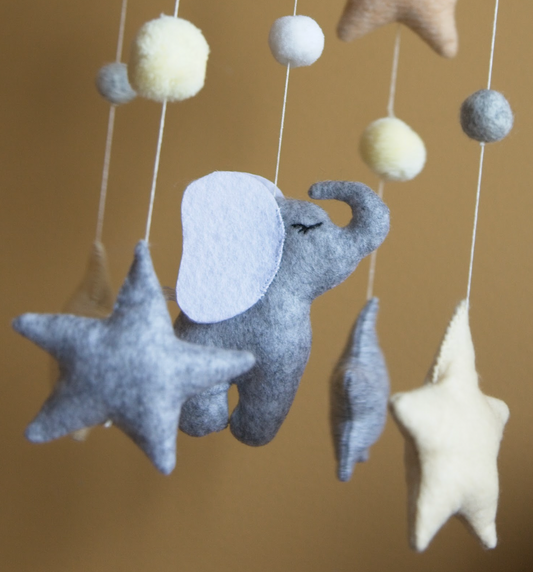 Baby Mobile with Elephant and Stars in Pastel Colors, Nursery Decor