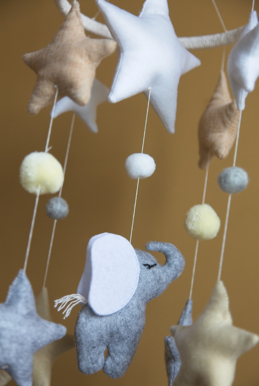 Baby Mobile with Elephant and Stars in Pastel Colors, Nursery Decor