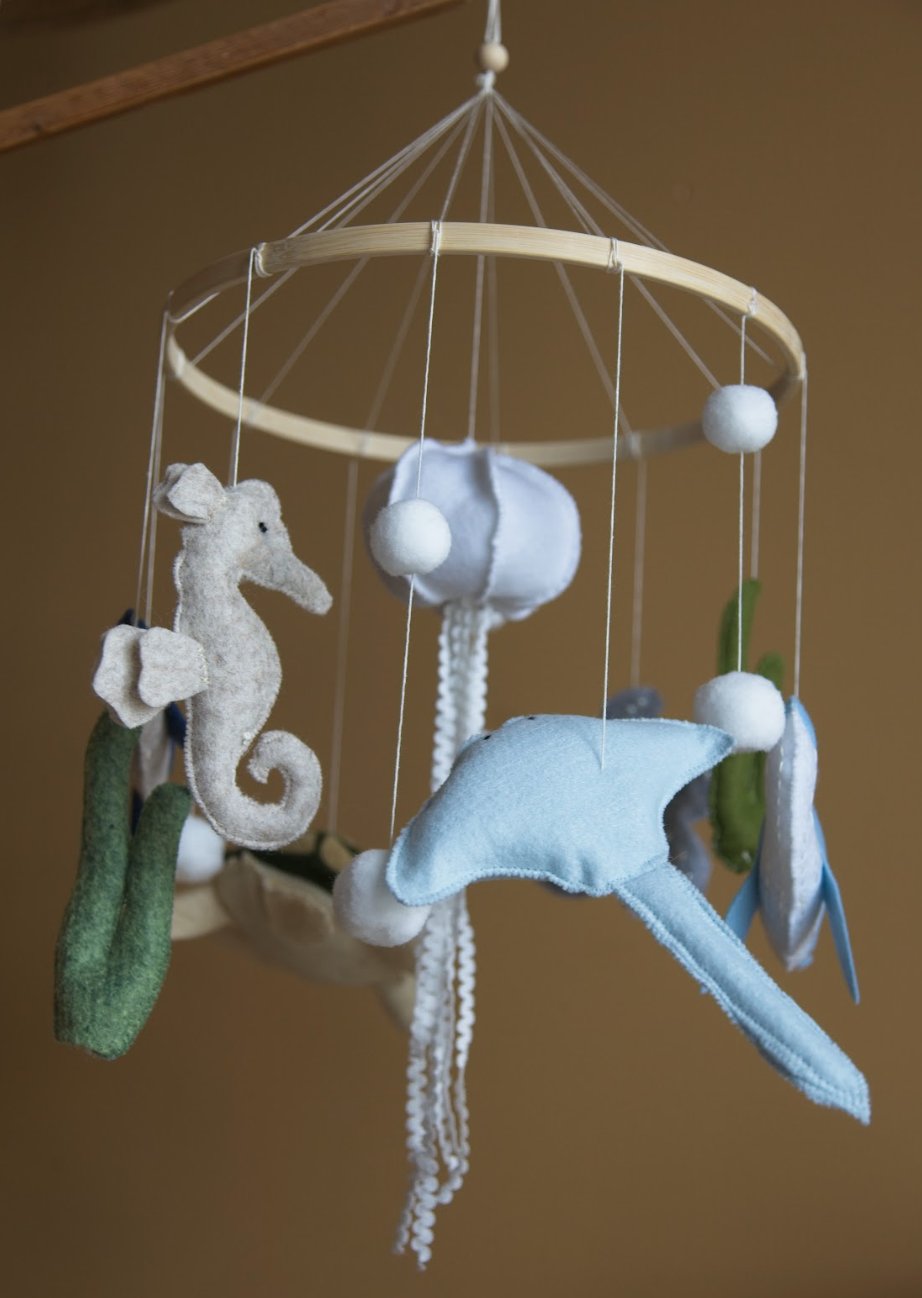Ocean Baby Mobile – Felt Whale, Turtle and Seahorse Nursery Decor in Blue and Green