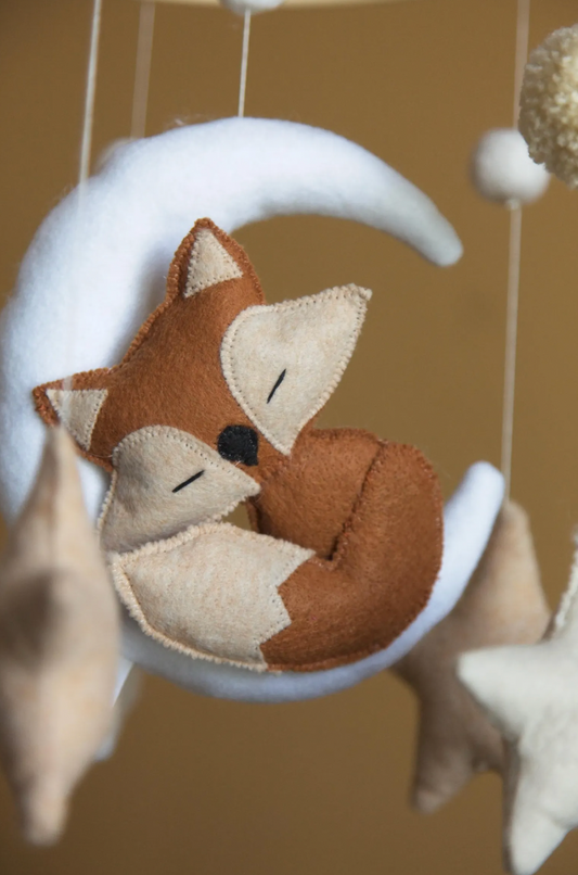 Fox-and-Moon Felt Baby Crib Mobile – Neutral Woodland Nursery Decor