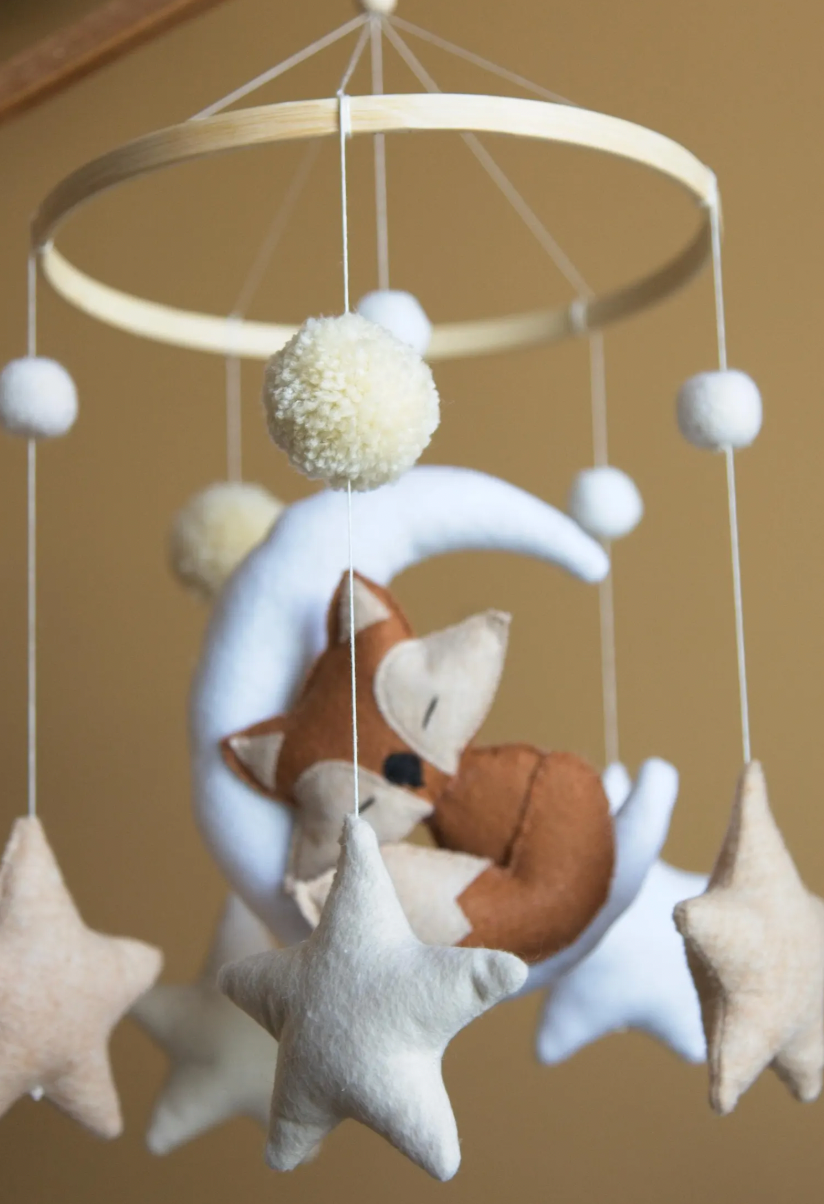 Fox-and-Moon Felt Baby Crib Mobile – Neutral Woodland Nursery Decor