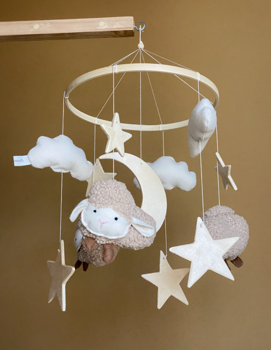 Sheep and Moon Baby Mobile with Stars and Clouds – Felt & Wood Nursery Decor