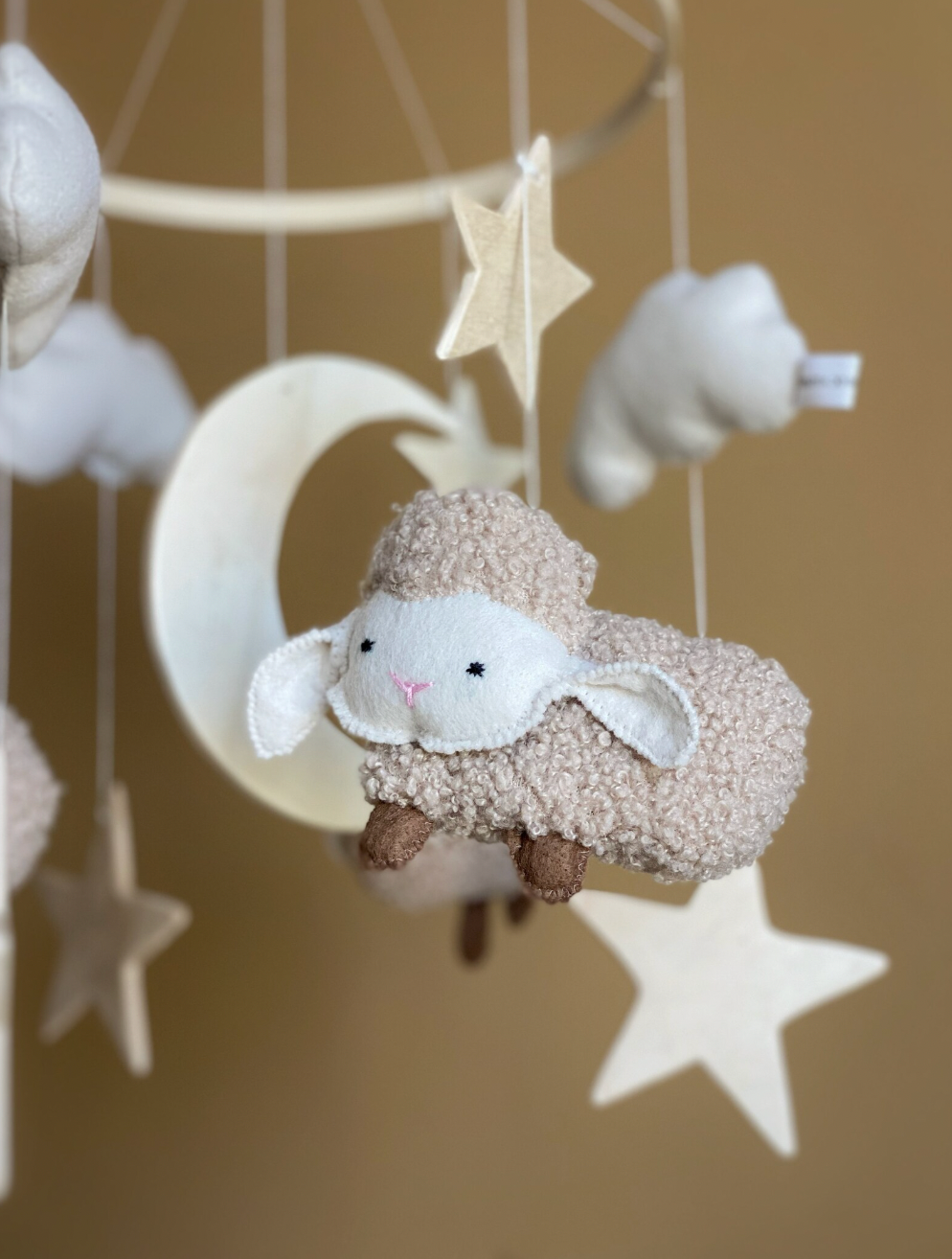 Sheep and Moon Baby Mobile with Stars and Clouds – Felt & Wood Nursery Decor