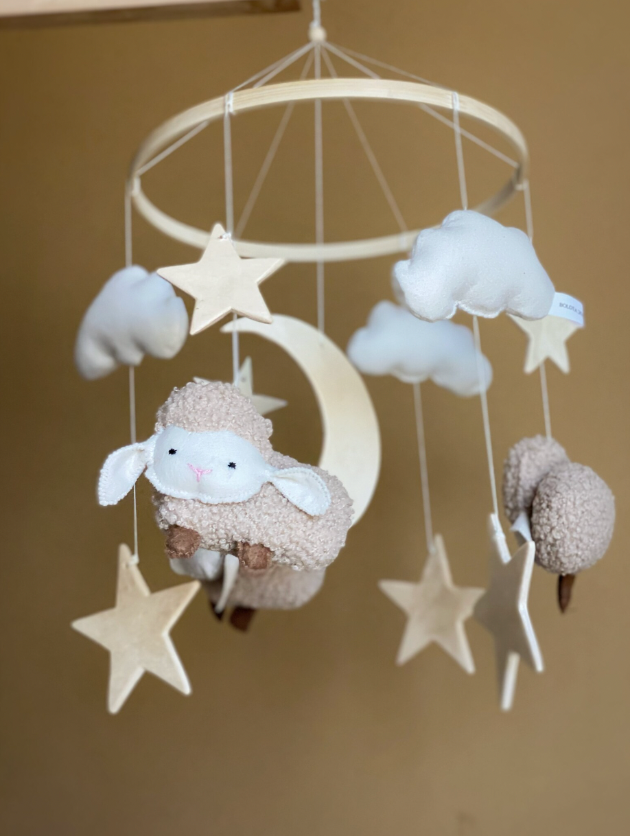 Sheep and Moon Baby Mobile with Stars and Clouds – Felt & Wood Nursery Decor