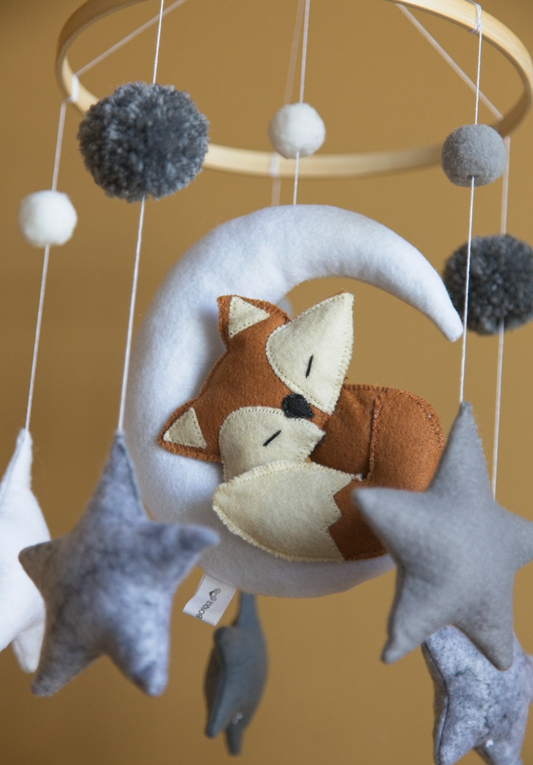 Fox Sleeping on Moon Baby Mobile – Stars, Grey and White Felt