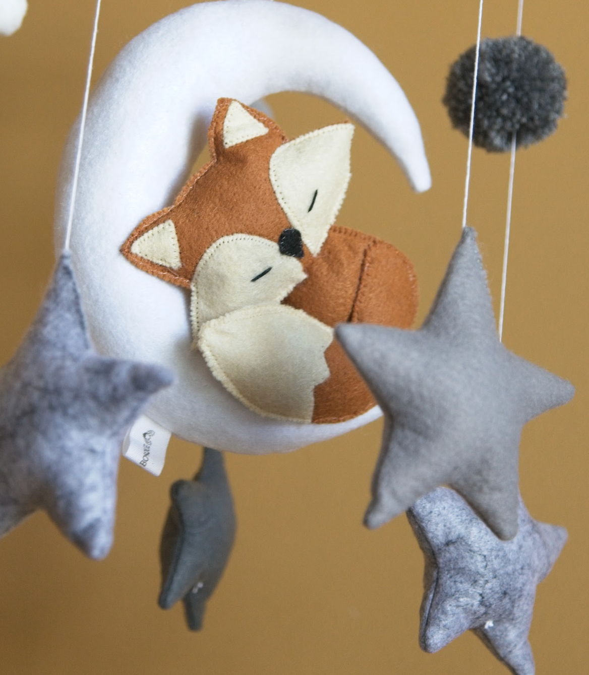 Fox Sleeping on Moon Baby Mobile – Stars, Grey and White Felt