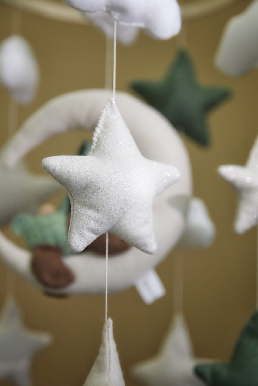 Felt Baby Mobile with Bear on Moon – Green Nursery Decor