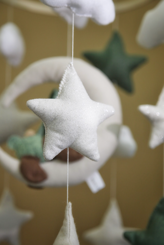Felt Baby Mobile with Bear on Moon – Green Nursery Decor
