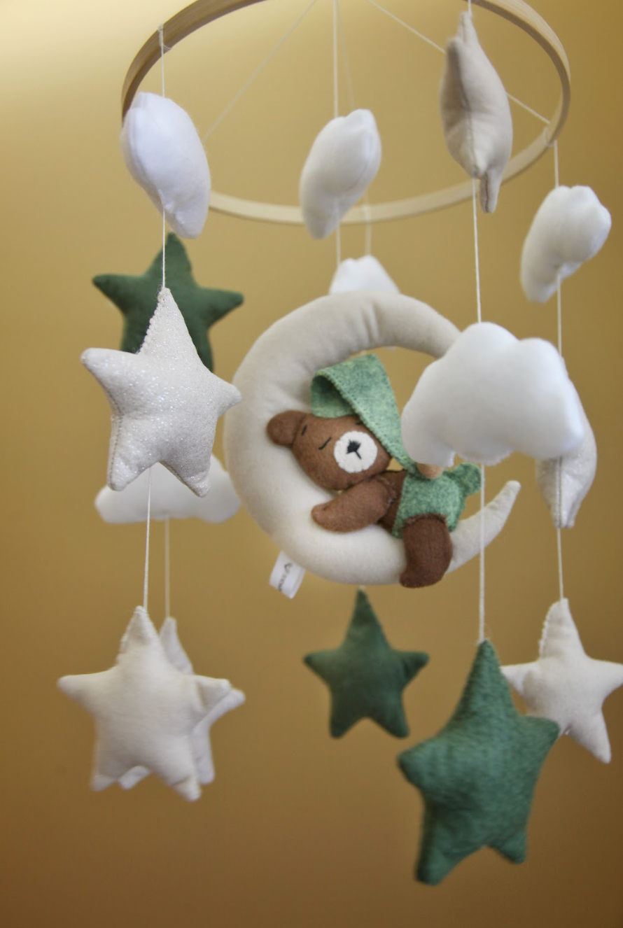 Felt Baby Mobile with Bear on Moon – Green Nursery Decor