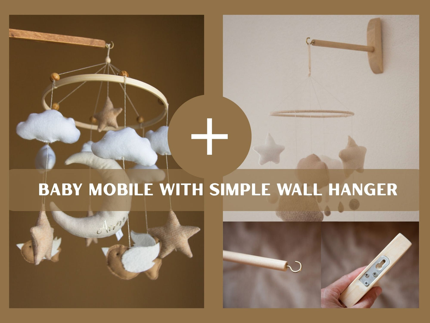 Baby mobile in felt with stars, birds and moon: customizable with name in vinyl, neutral tones