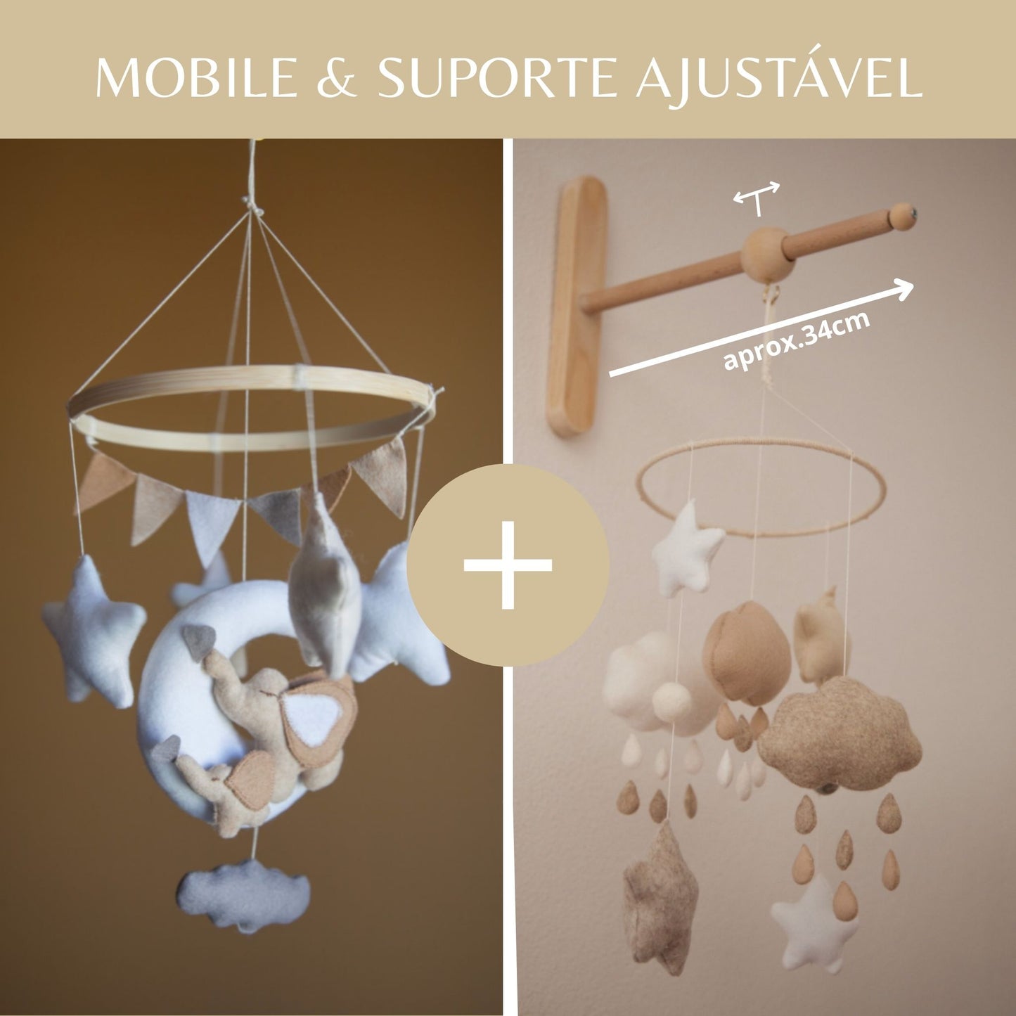 Elefantes, mobile de berço, tons neutros