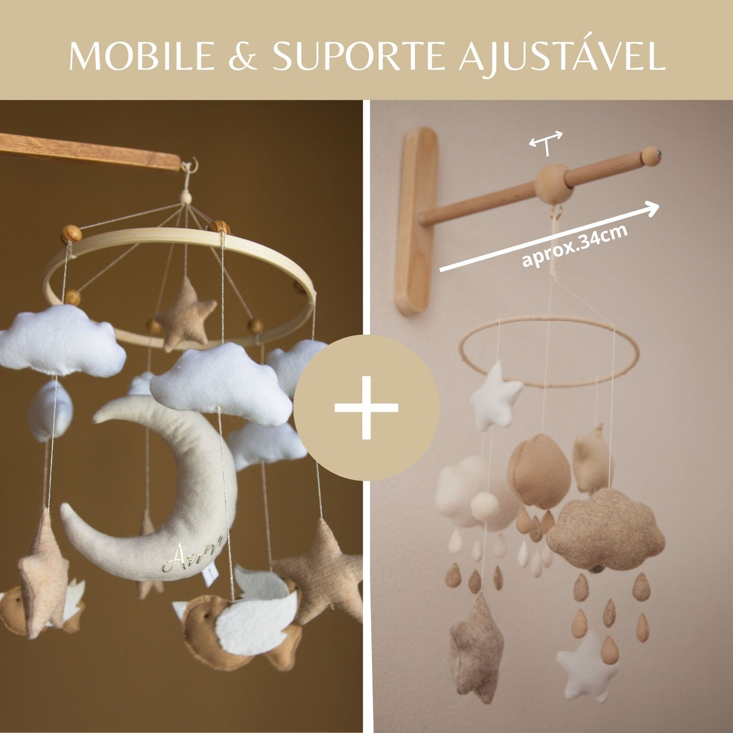 Lua e Passarinhos, Baby Mobile Personalizável, tons neutros