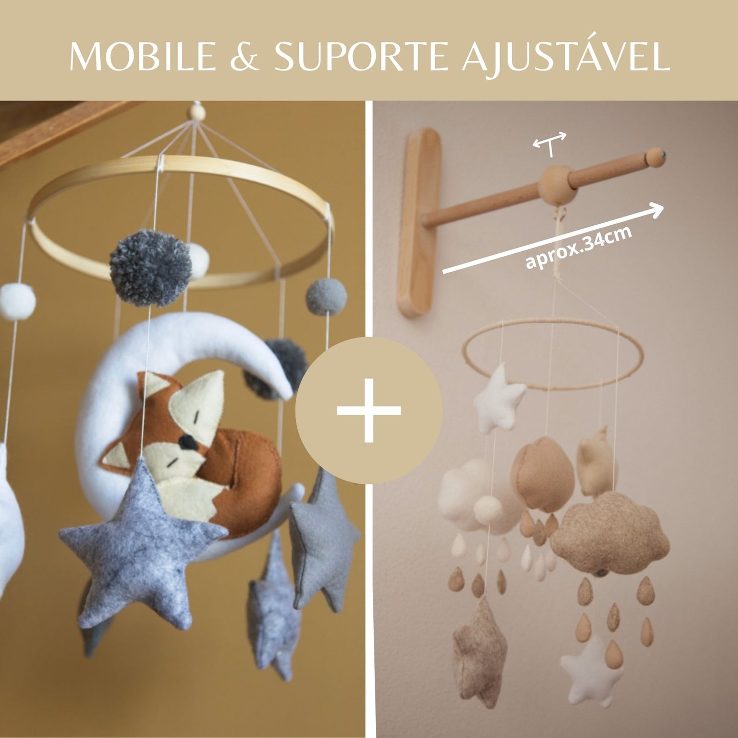 Raposa e a Lua, móbile de berço, tons cinzentos