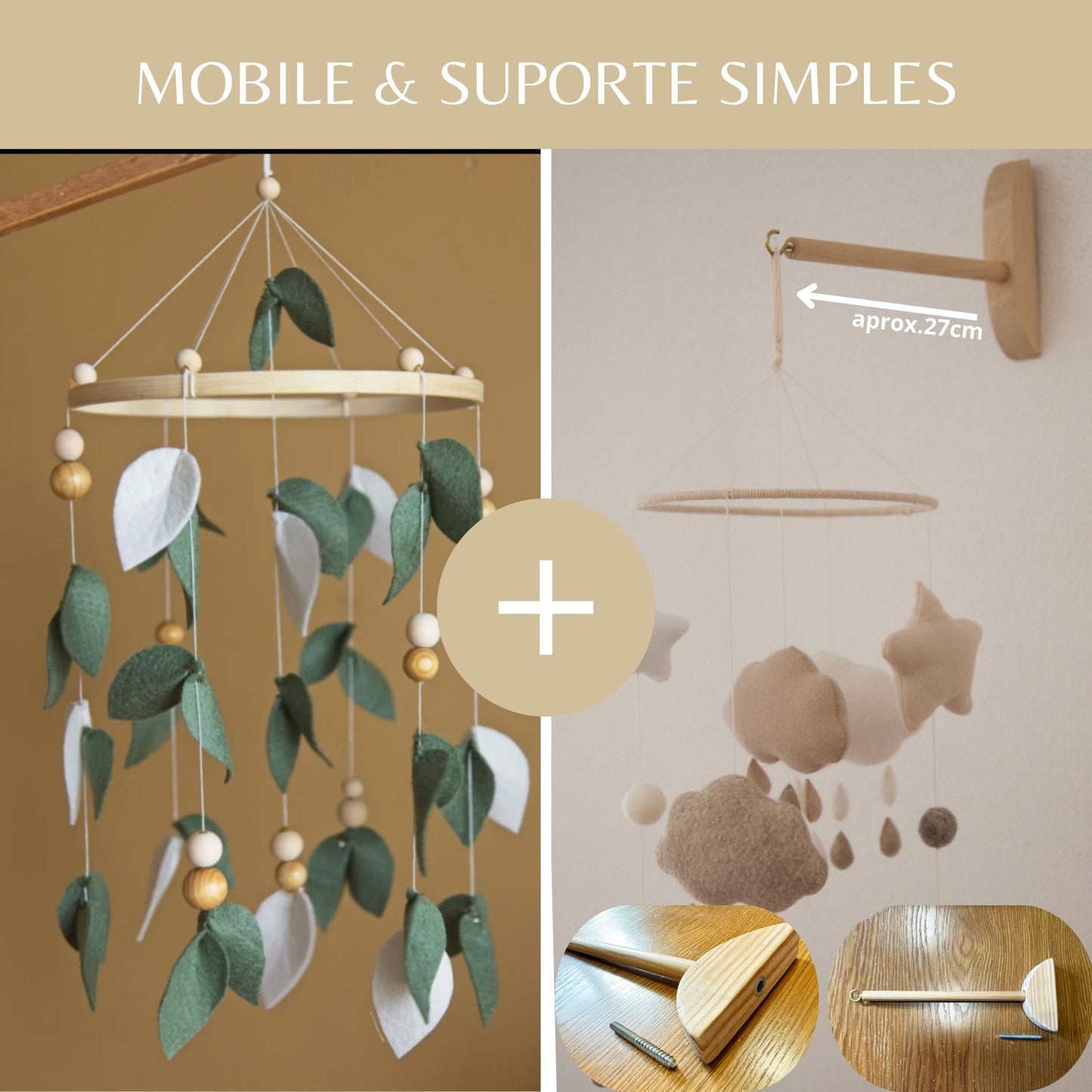 Folhas de feltro, móbile de berço, tons verde e bege
