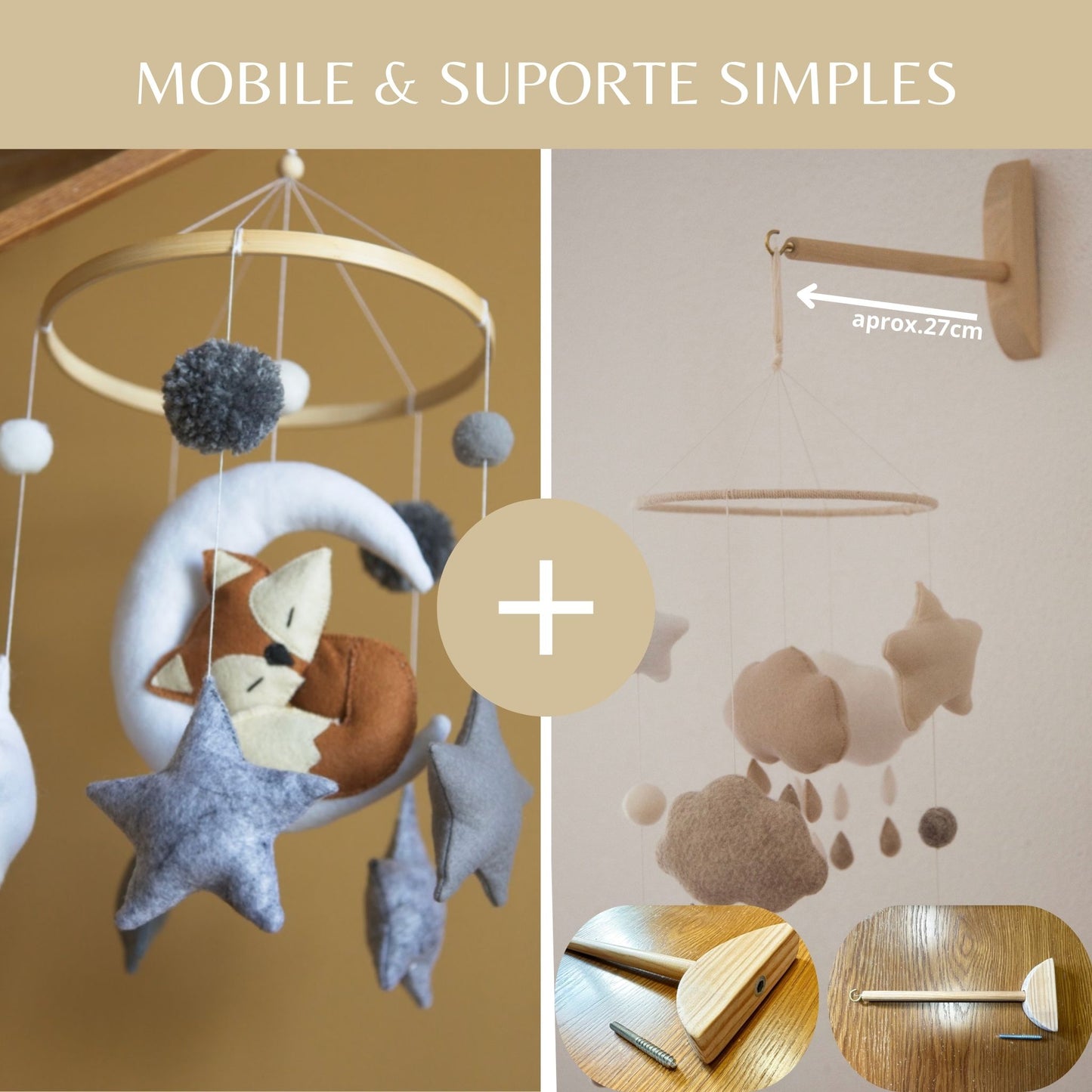 Raposa e a Lua, móbile de berço, tons cinzentos