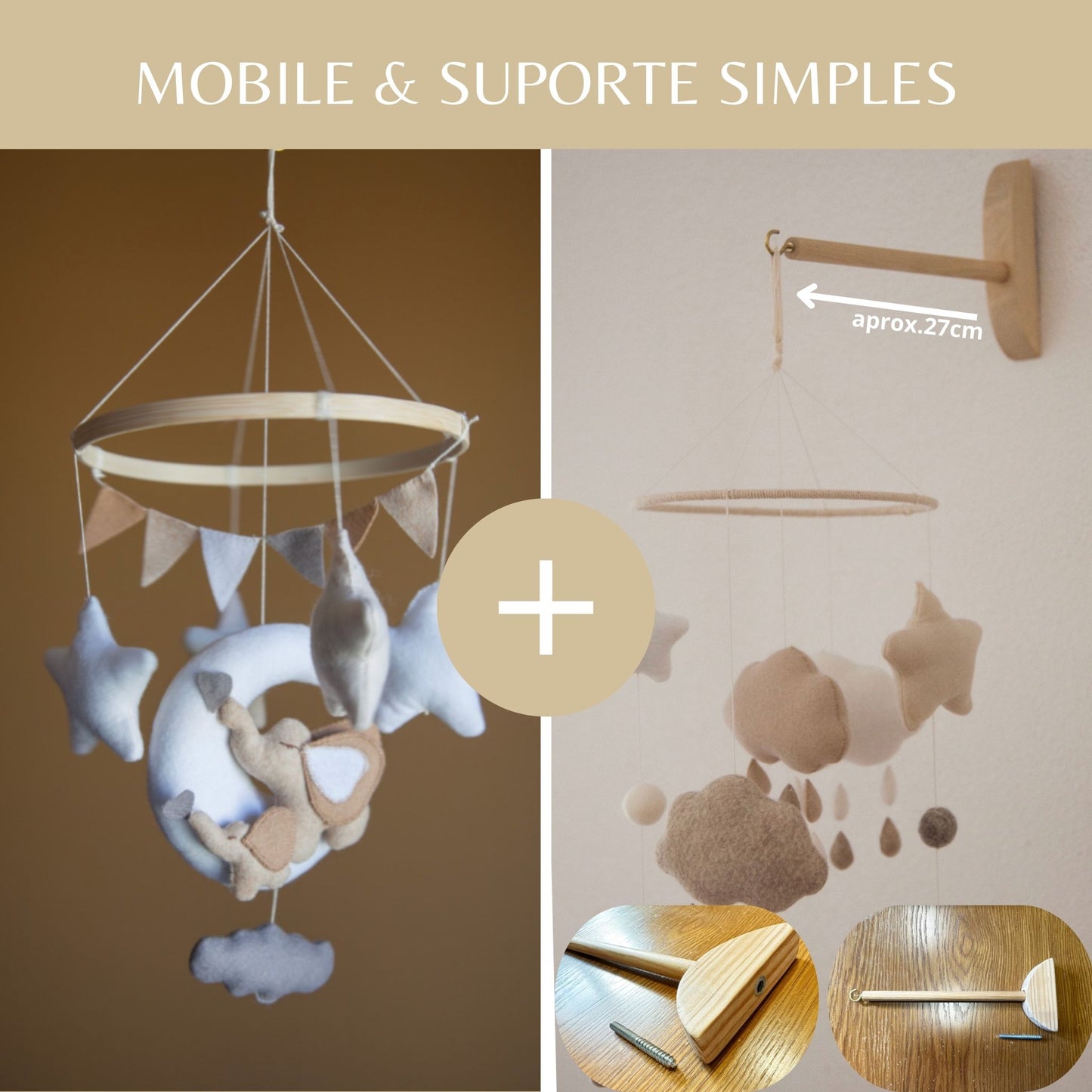 Elefantes, mobile de berço, tons neutros