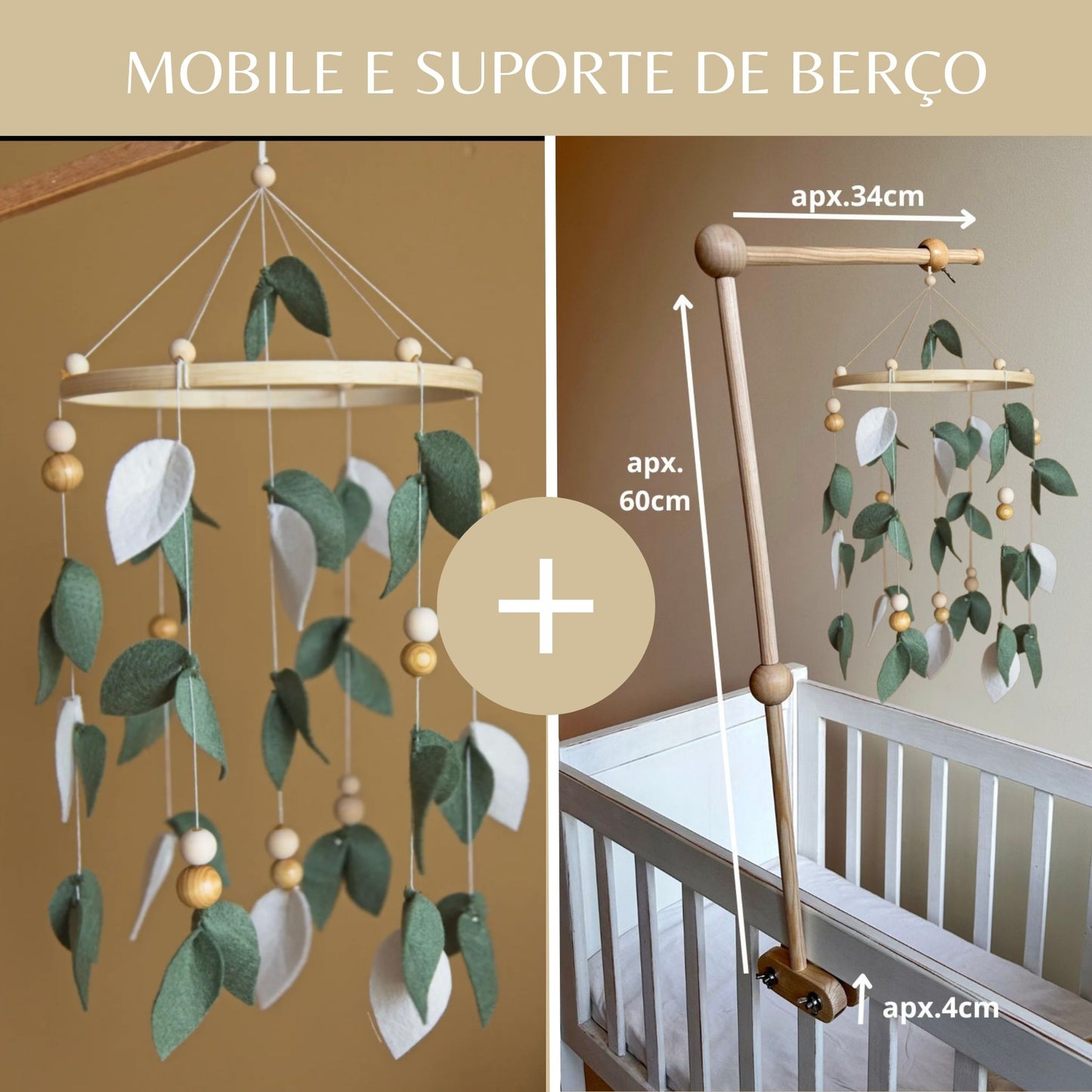 Folhas de feltro, móbile de berço, tons verde e bege