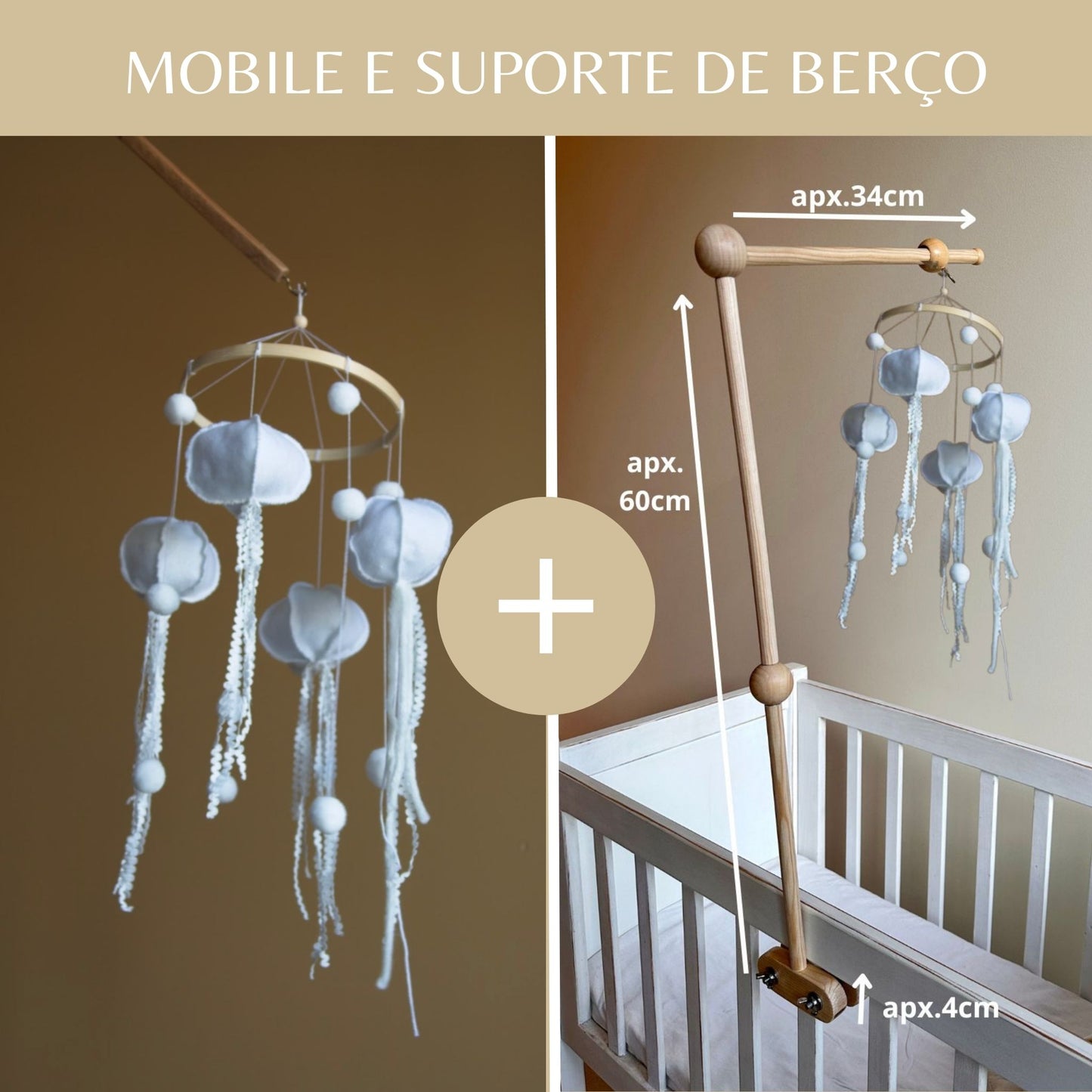 Medusas, móbile de berço, tons neutros