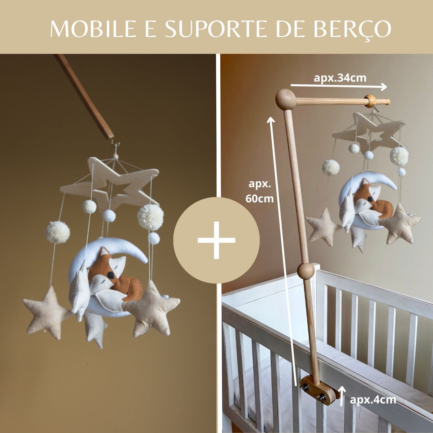 Raposa, lua e Estrela de madeira leve, móbile e berço