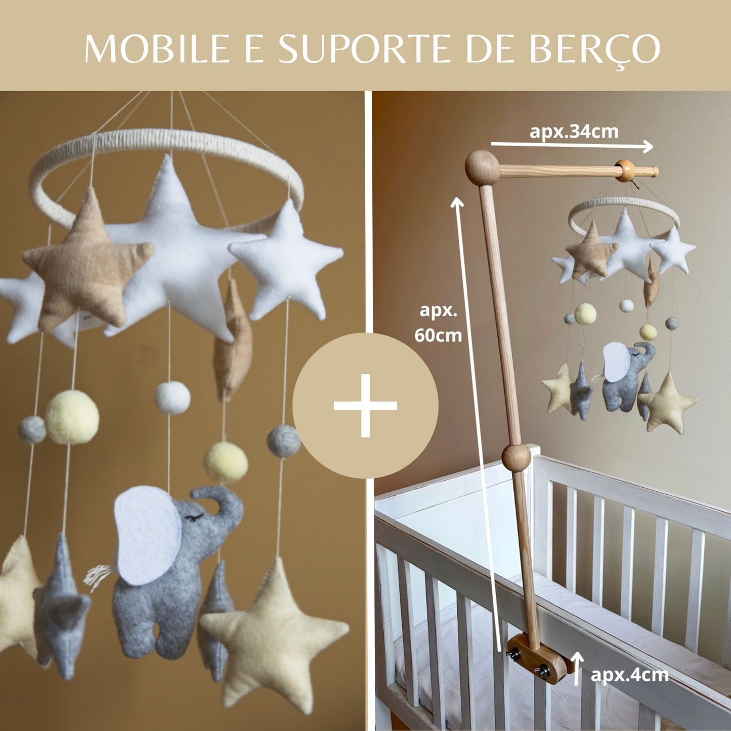 Elefante e Estrelas, móbile de berço, tons pastel