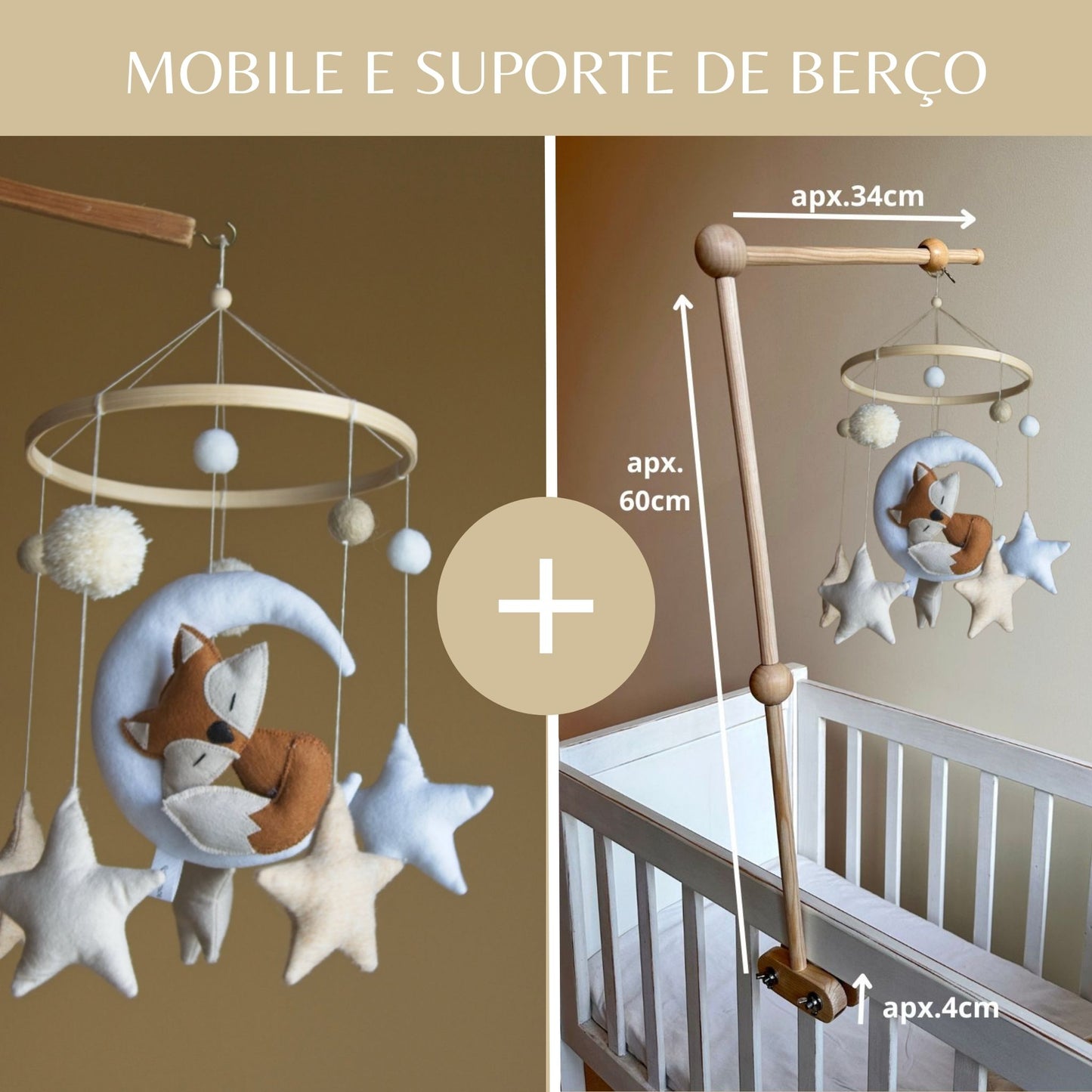 Raposa e a Lua, móbile de berço, tons neutros