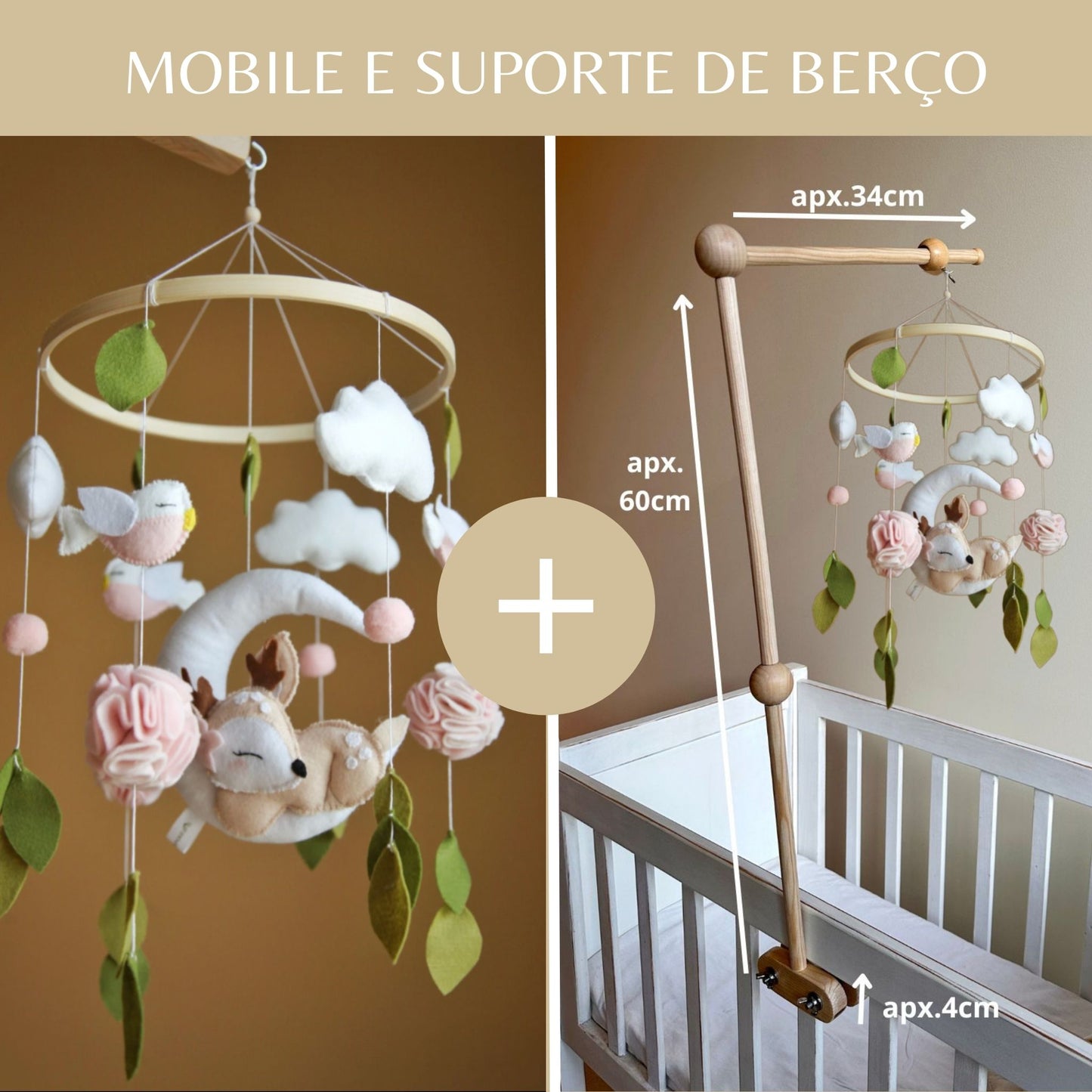 Veado e a Lua, móbile de berço, tons rosa, verde e bege