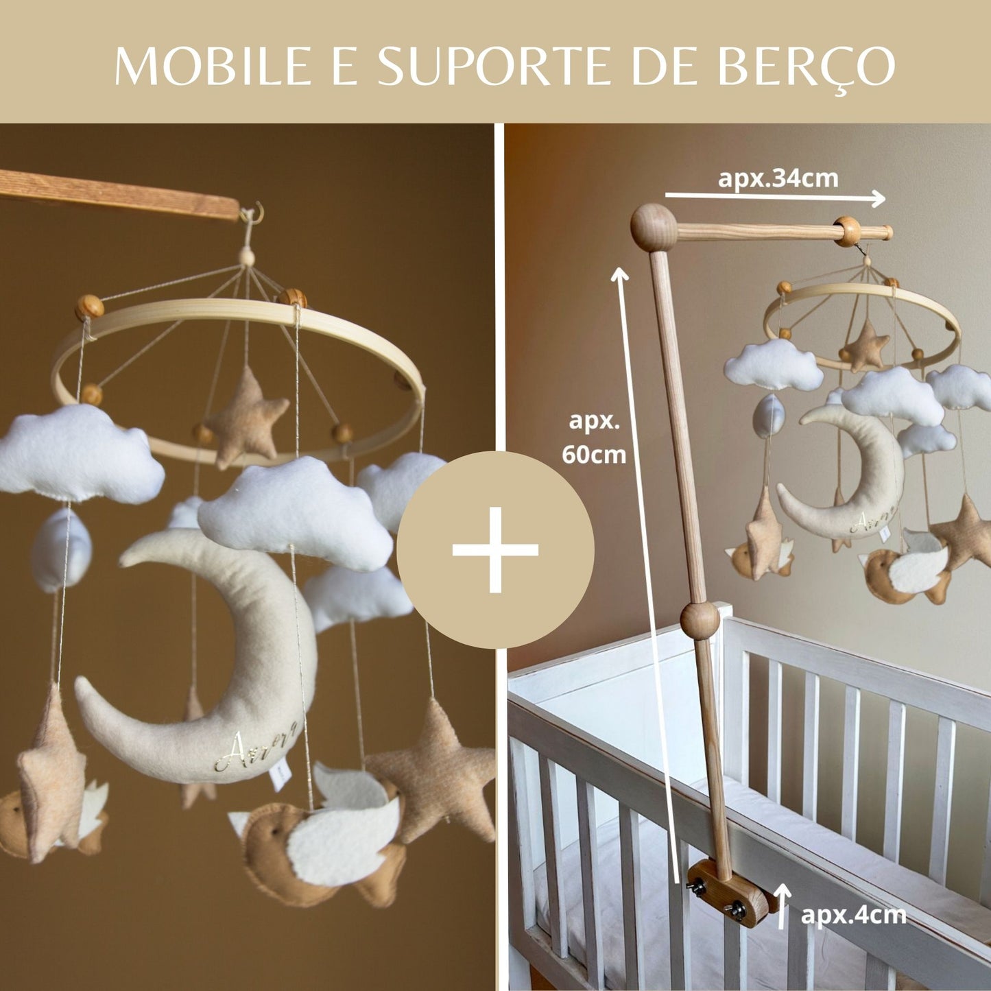 Lua e Passarinhos, Baby Mobile Personalizável, tons neutros