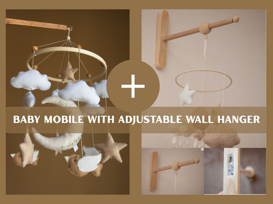 Baby mobile in felt with stars, birds and moon: customizable with name in vinyl, neutral tones