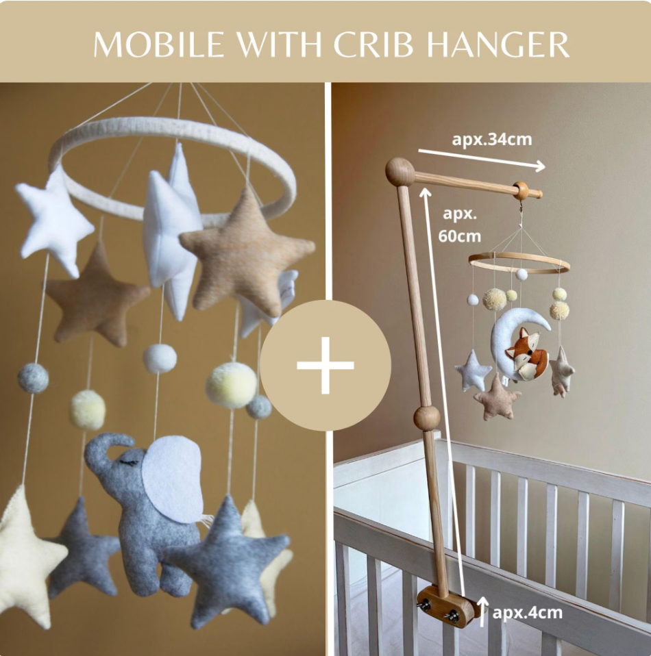 Baby Mobile with Elephant and Stars in Pastel Colors, Nursery Decor