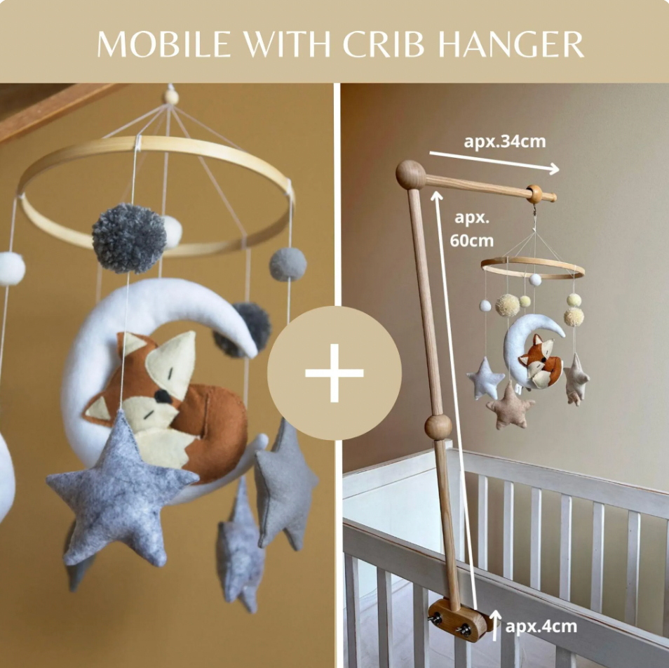 Fox Sleeping on Moon Baby Mobile – Stars, Grey and White Felt