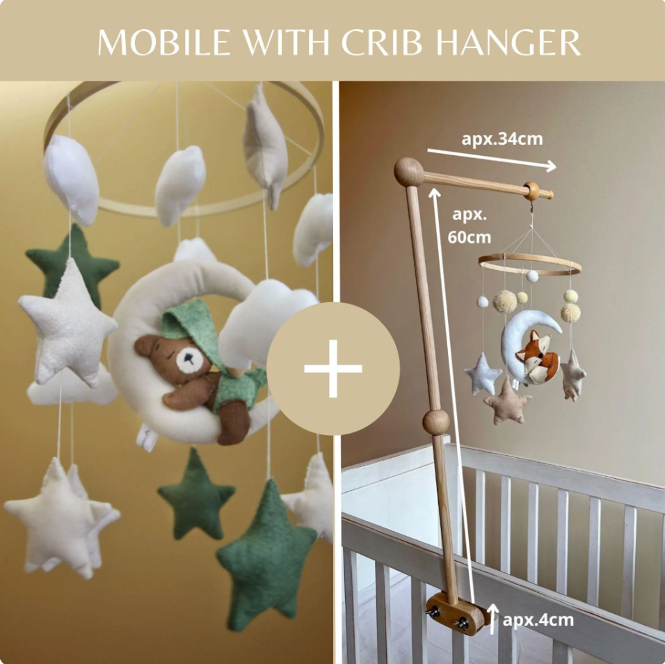Felt Baby Mobile with Bear on Moon – Green Nursery Decor
