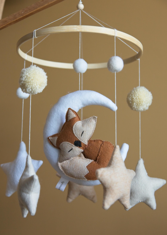 Fox-and-Moon Felt Baby Crib Mobile – Neutral Woodland Nursery Decor