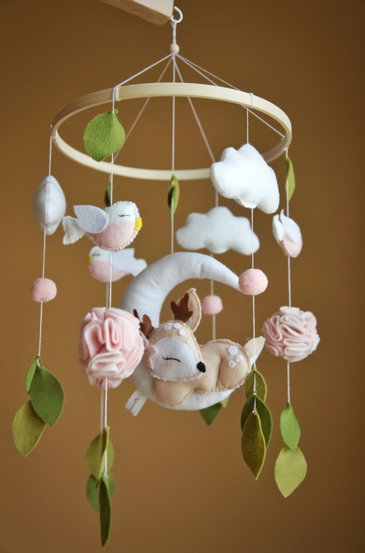 Deer & Moon Baby Mobile – Neutral Woodland Nursery Decor