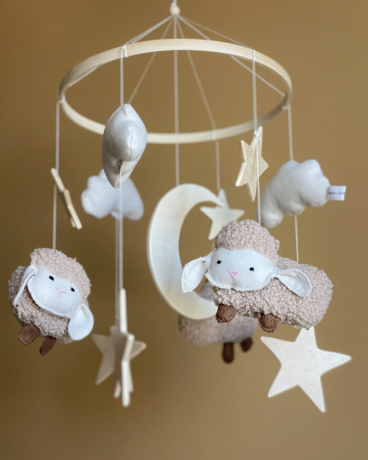 Sheep and Moon Baby Mobile with Stars and Clouds – Felt & Wood Nursery Decor