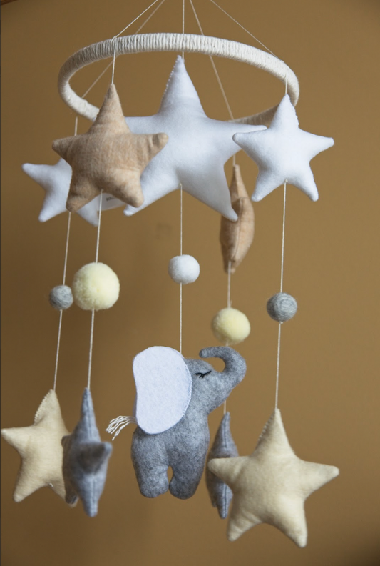 Baby Mobile with Elephant and Stars in Pastel Colors, Nursery Decor