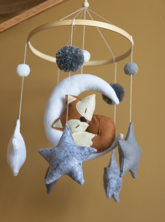 Fox Sleeping on Moon Baby Mobile – Stars, Grey and White Felt