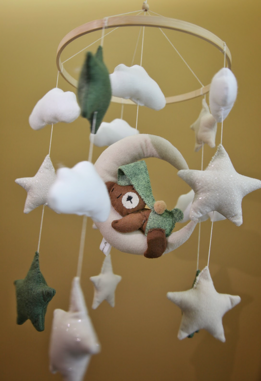 Felt Baby Mobile with Bear on Moon – Green Nursery Decor